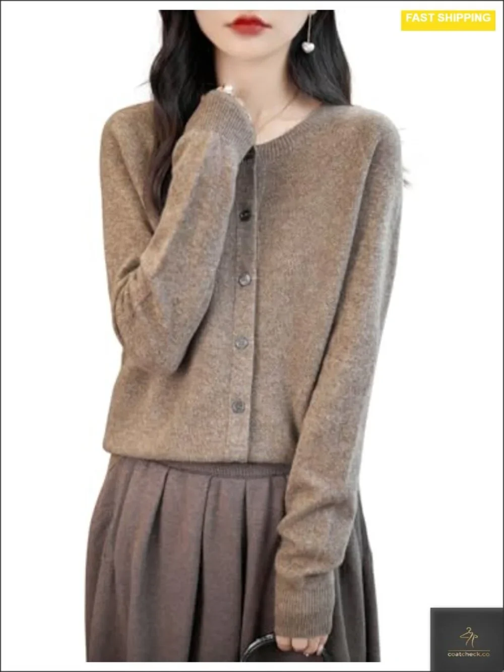 100% Merino Wool Crewneck Cardigan Sweater Long Sleeve Seamless Knit